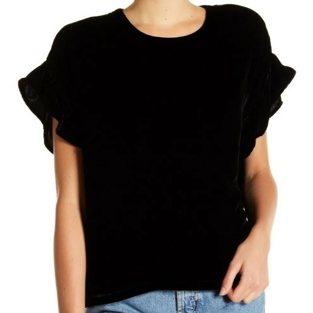 NWOT Current/Elliott Black Velvet Ruffle Sleeve Top M